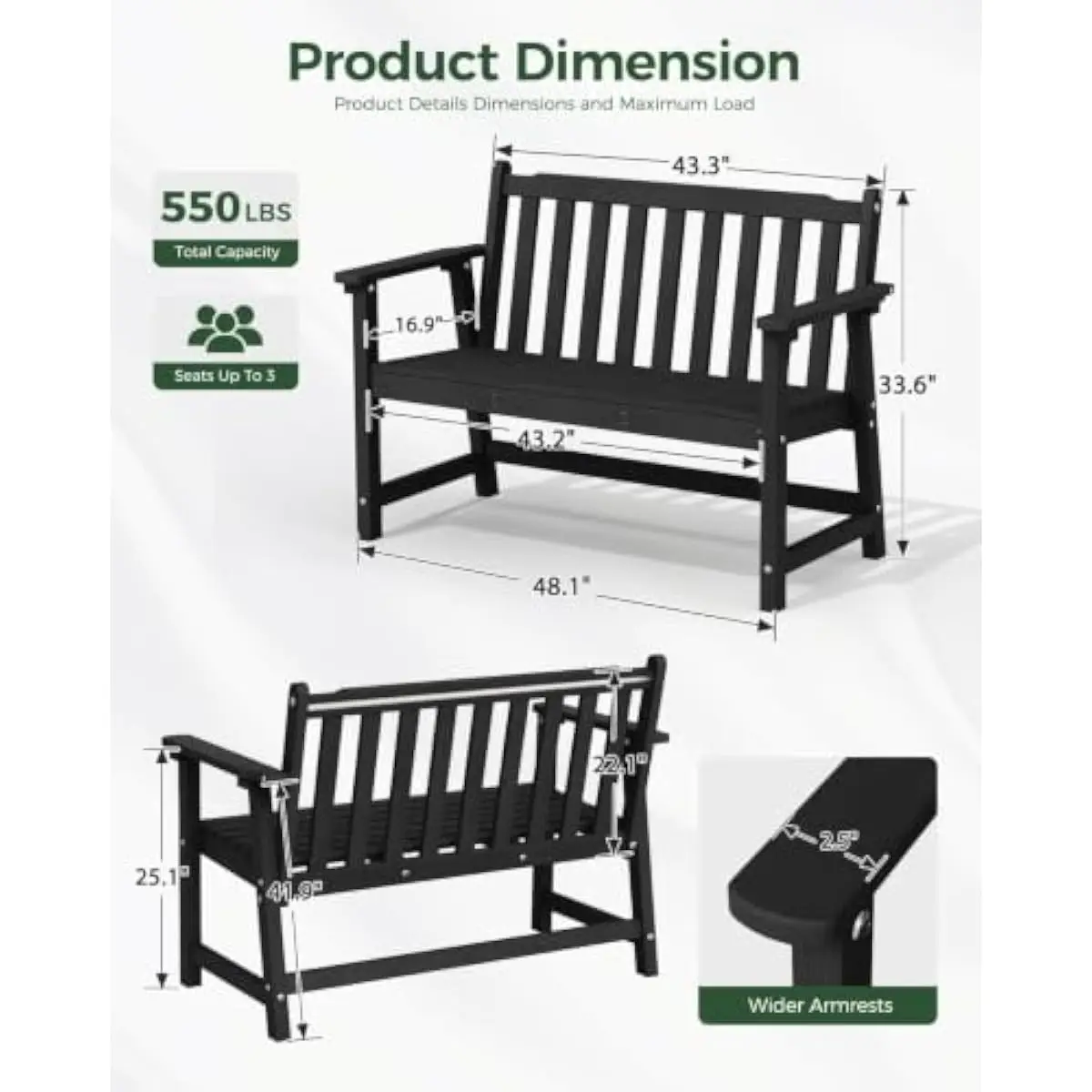 48 Inch Heavy-Duty HDPE Outdoor Bench for Patios Gardens and Porches | Weather Resistant Black Seating | 550 Lb Capacity | Low M