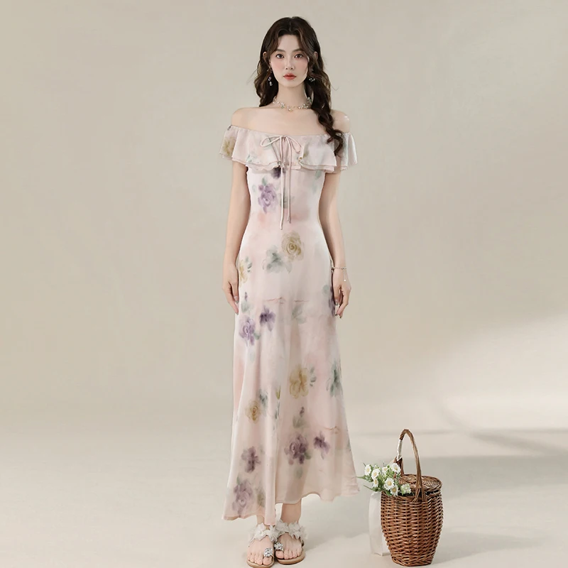 

Women Pink Floral Print Maxi Dress Summer Off Shoulder Ruffle Trim Chiffon Mermaid Long Dress Elegant Casual Beach Sundress