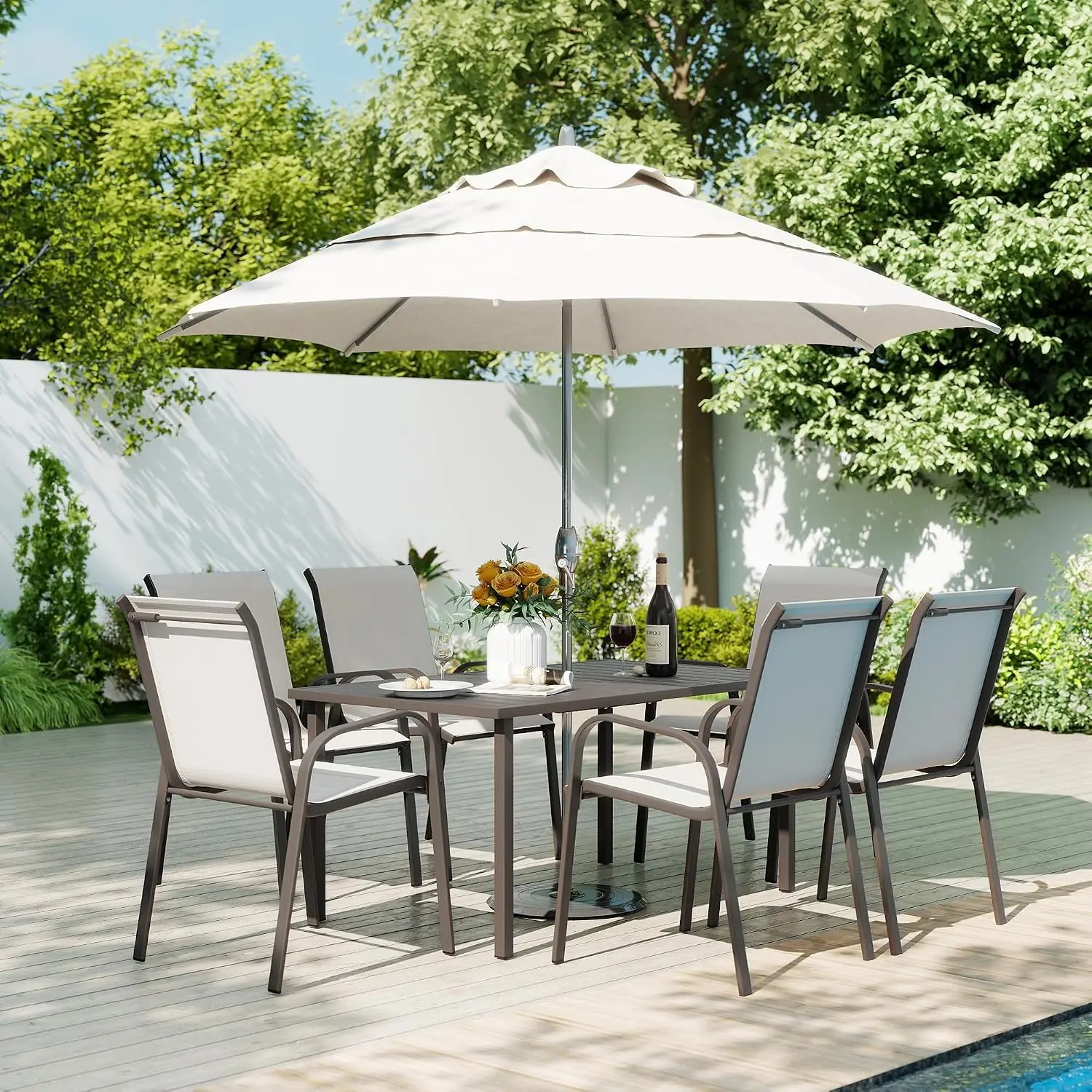 Outdoor Patio Dining Set, 6 Quick Dry Textilene Dining Chairs and Dining Table with Umbrella Hole, Stackable, Customized