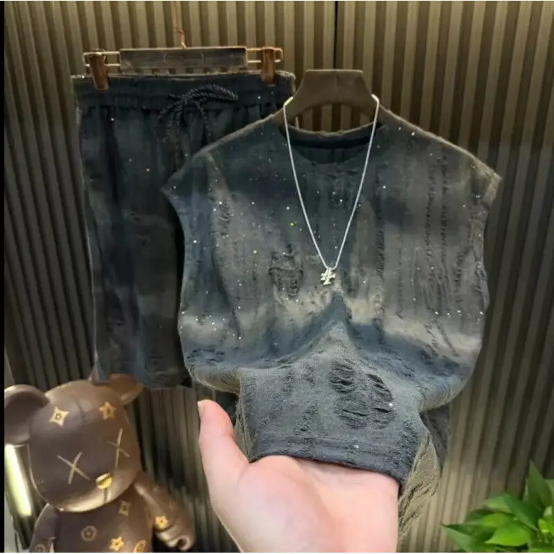 2025 Summer Thin Breathable T-shirts+shorts Men's Sets Trendy Jacquard Round Neck Short Sleeve T-shirt Loose Casual Short Pants