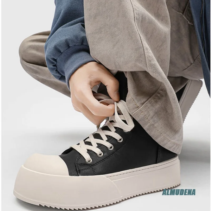 Black High Top Platform Sneakers Round Toe Lace-Up Back Zipper Men's Casual Urban Daily Outdoor Minimalist Fashion Sports Shoes