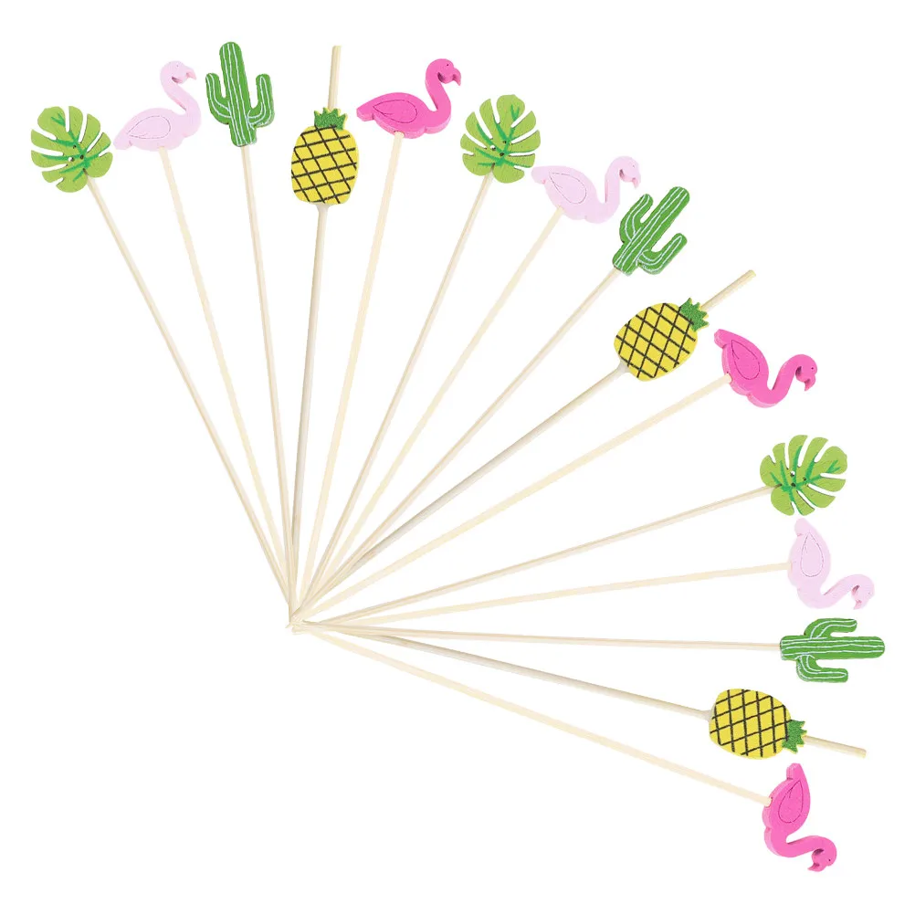 100Pcs Wooden Cocktail Toothpicks Hawaiian Flamingo Pineapple Cactus Design Fruit Skewers for Drinks Appetizers Parties Food view 3