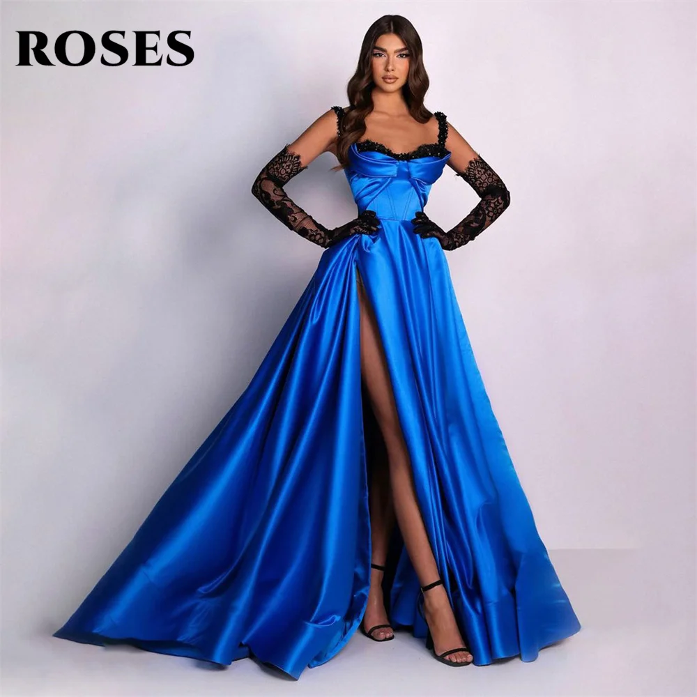 

ROSES Royal Blue Stain Chic Woman Evening Dress Gown Side Split Ball Gown Lace Spaghetti Strap Night Dress Gown robes de soirée