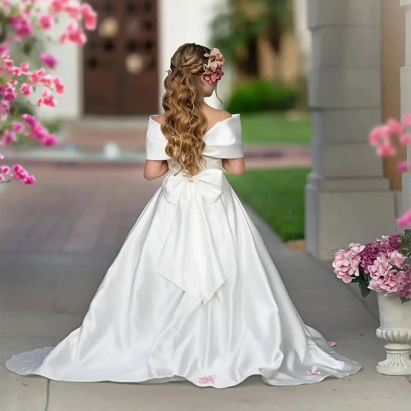 Custom elegant satin white girls' dress with a bow off-shoulder design, suitable for princess birthdays, wedding parties, and fi