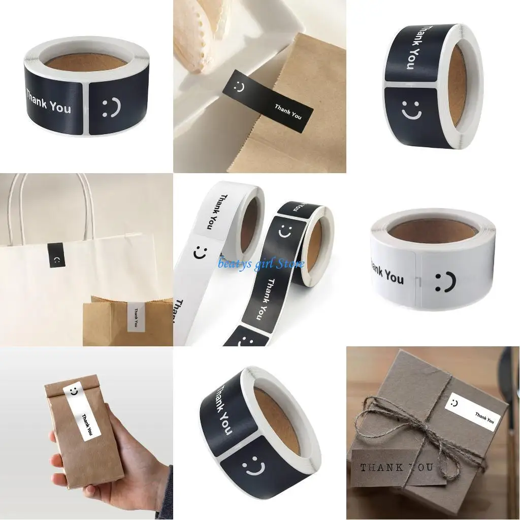 

C7AB 120Pcs Smiling Face Thank You Sticker 76x25mm Rectangular Thank You Label Adhesive Wrapping Label for Gift Packaging