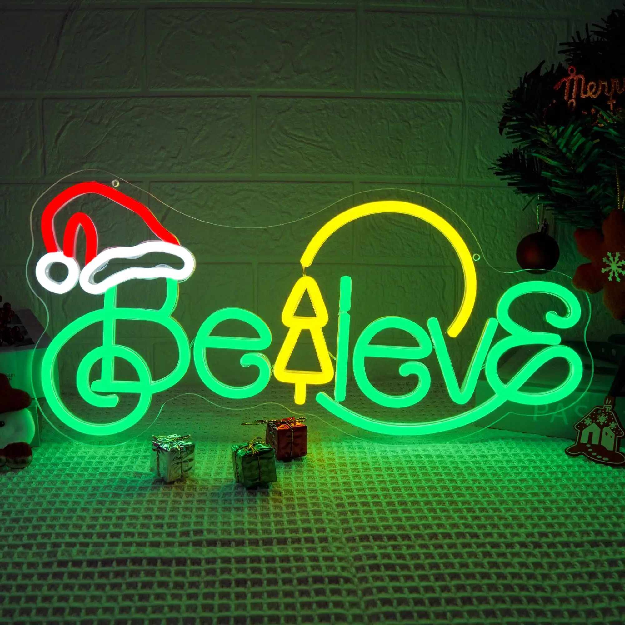 

Рождественская неоновая вывеска Believe с шляпой Санта-Клауса, регулируемый настенный декор для домашнего фестиваля, идеальные подарки для детей в семье