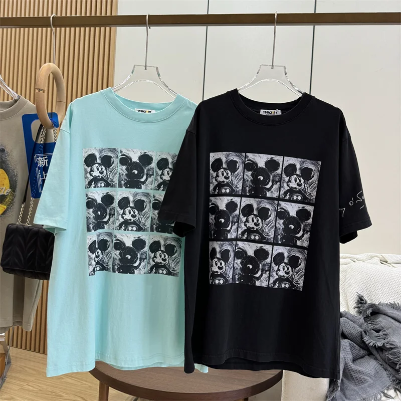 Summer New European Style Washed And Worn Cartoon Cotton Loose Oversize Short Sleeved T-shirt Top Fashion Brand BF Style Tshirts