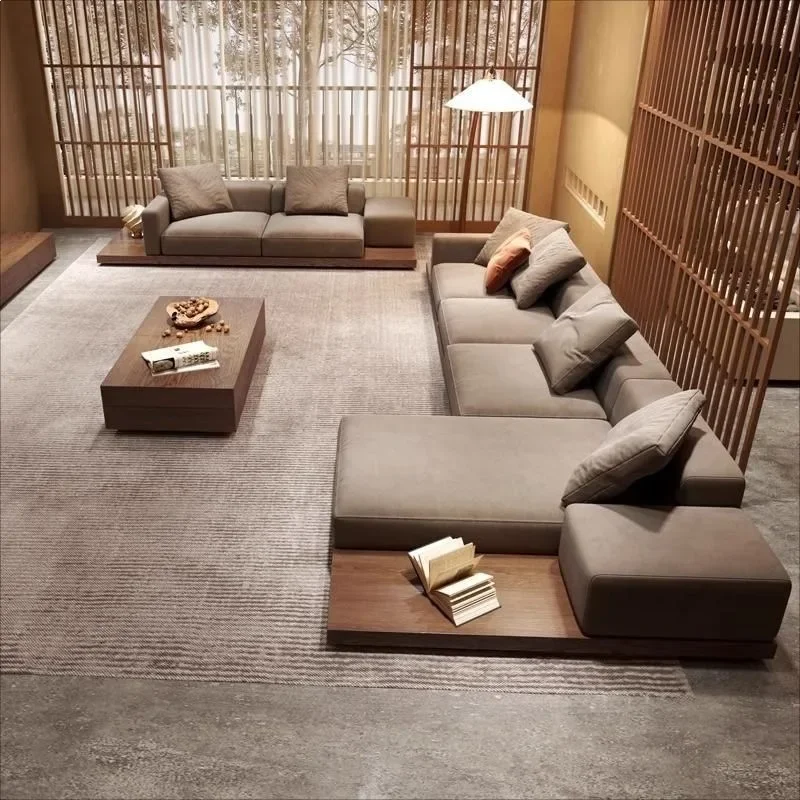 

Wabi-sabi style walnut wood sofa, new villa flat small apartment, modern minimalist solid wood corner fabric sofa