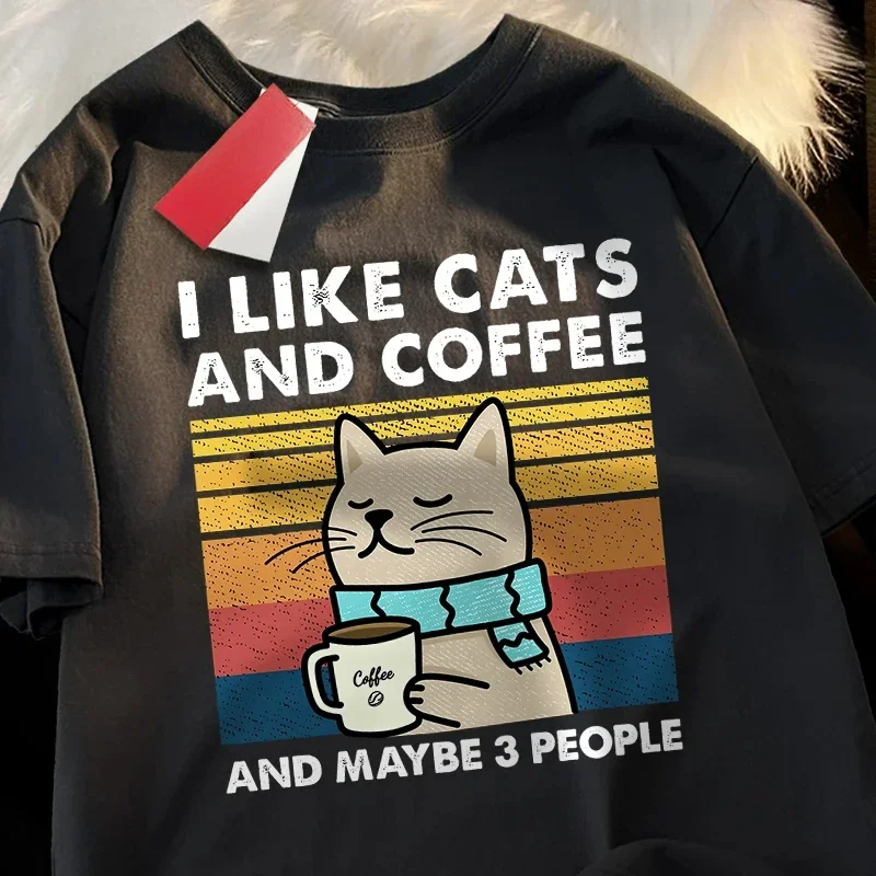 

Футболка «I Like Cats and Coffee» для мужчин и женщин, хлопковая футболка, свободная футболка в стиле хип-хоп, модная футболка с круглым вырезом, уличная одежда для пар