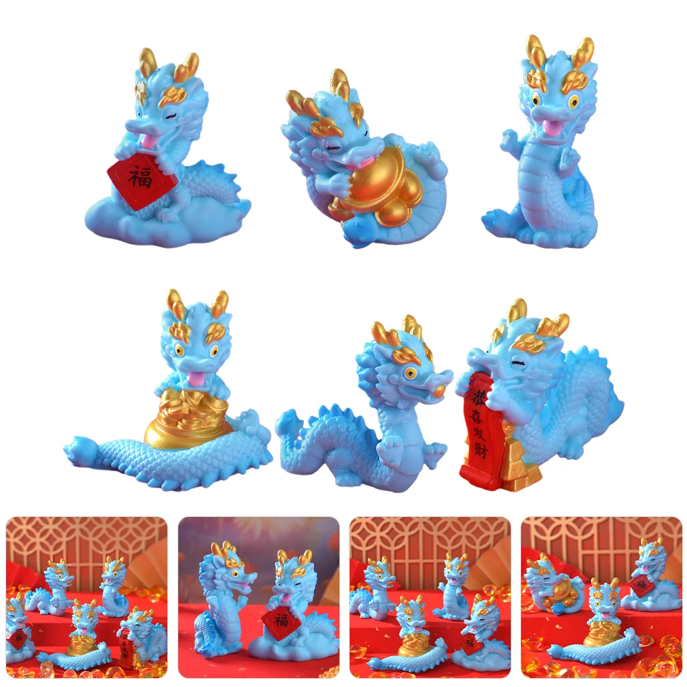 6 mini figurine in resina di drago cinese, struttura in rame realistico, decorazioni da scrivania, statue fortunate, decorazioni per l'home office