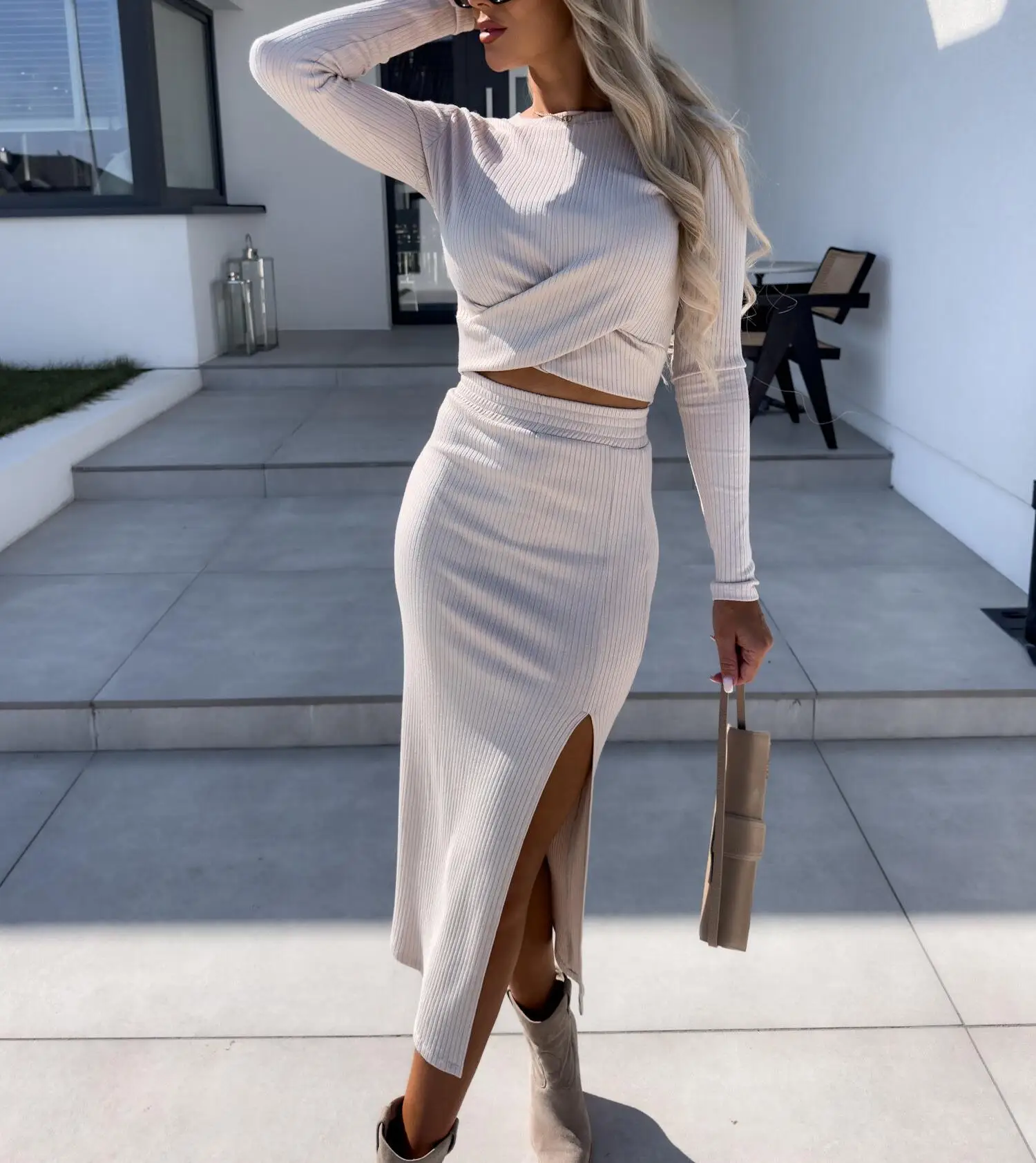 Women's Two Piece Set 2023 Europe and America Autumn and Winter New Knitted Split Long Sleeve Wrap Hip Half Skirt Set