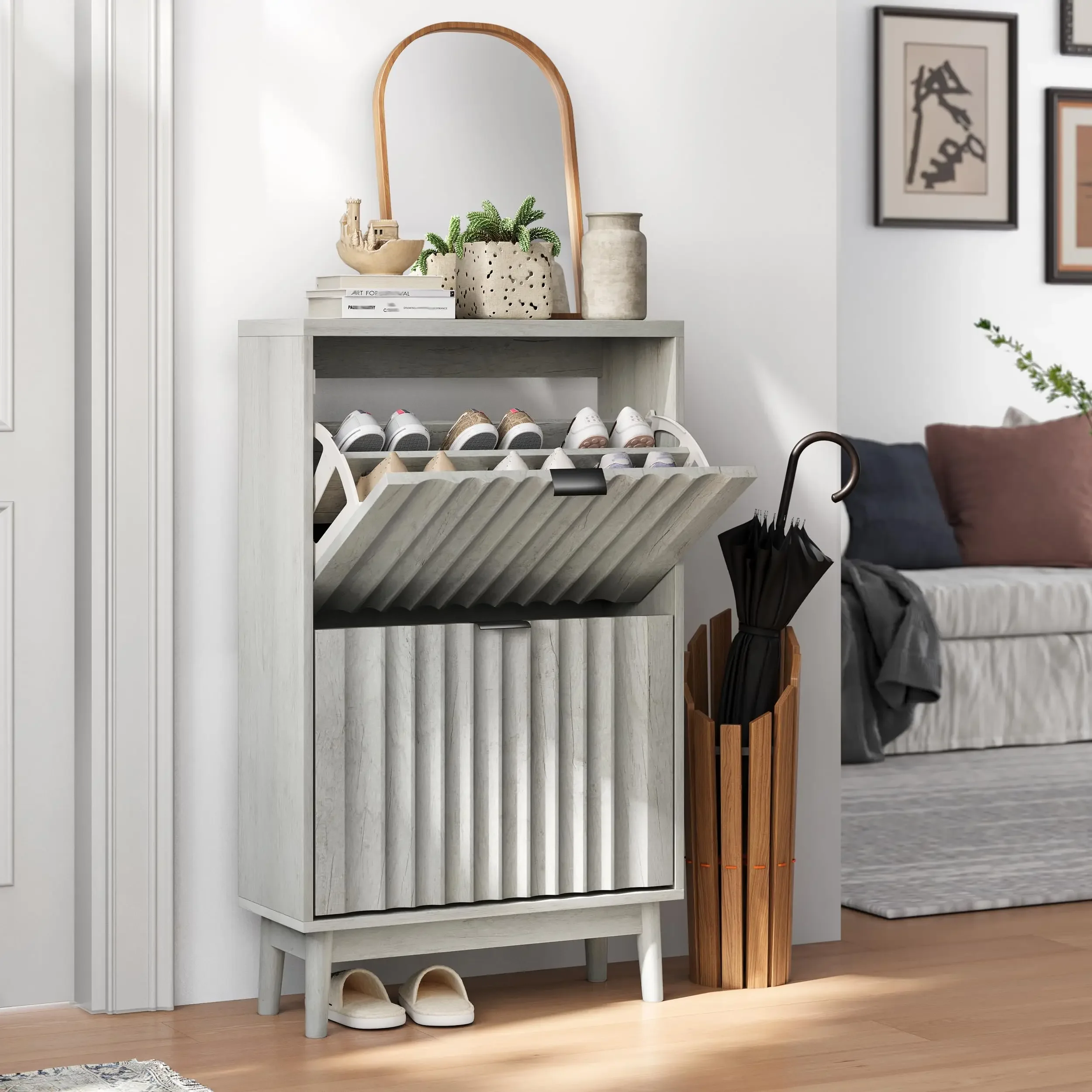 

Furniture 2 Flip Waveform Drawer Narrow Shoe Organizer Cabinet with Grooved Shoe Storage Foldable Wooden Legs