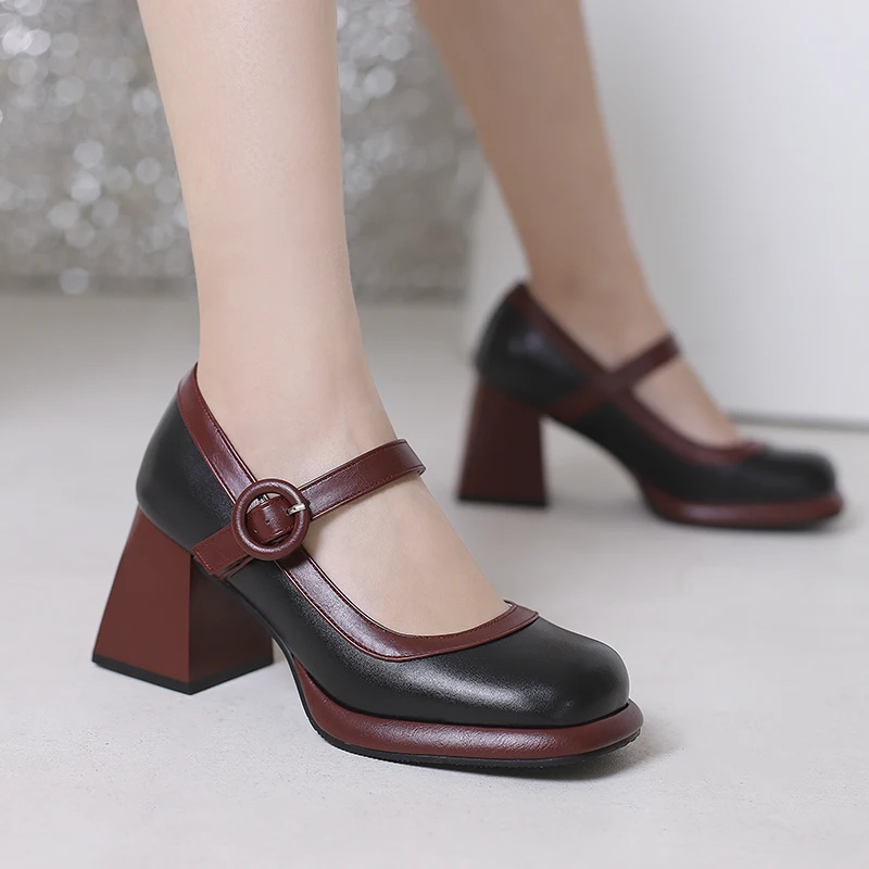 

2023 Tapered Thick Heel Shallow Breathable Mary Jane Shoes Square Toe Round Buckle Color Matching Women's Pumps