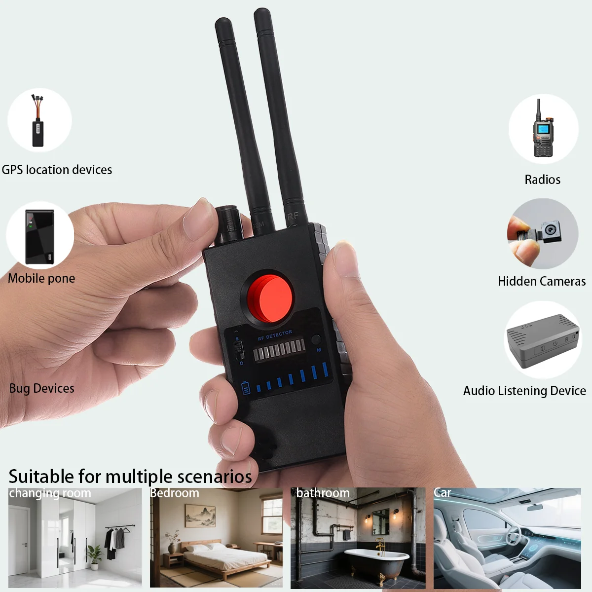 

Portable Spy Detector: Dual Antenna for SIM Bug/GPS Tracker/Camera Detection, 1-8000MHz Range, Vibration/Siren Alarm