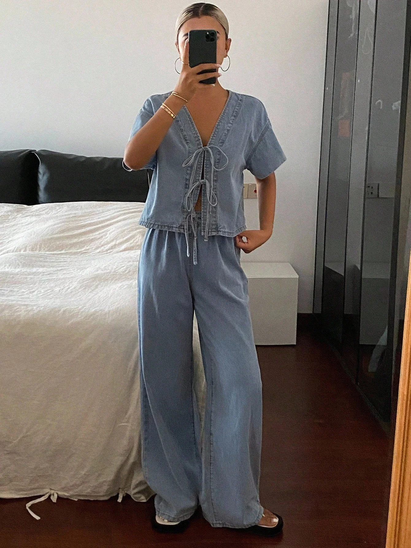 

Livesso Women's Summer Short Sleeve Tie Front Top And Loose Fit Denim Pants Set