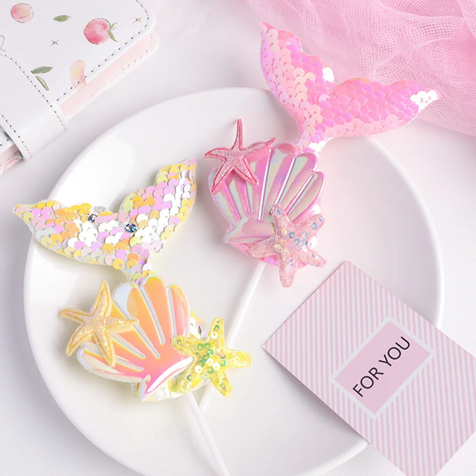 3 Stück Meerjungfrauenschwanz Pailletten Kuchen Topper Muffin Cupcake Topper für Meerjungfrau Themed Hochzeit Versorgung Geburtstag Party Kuchen Dekorationen – Detail 1