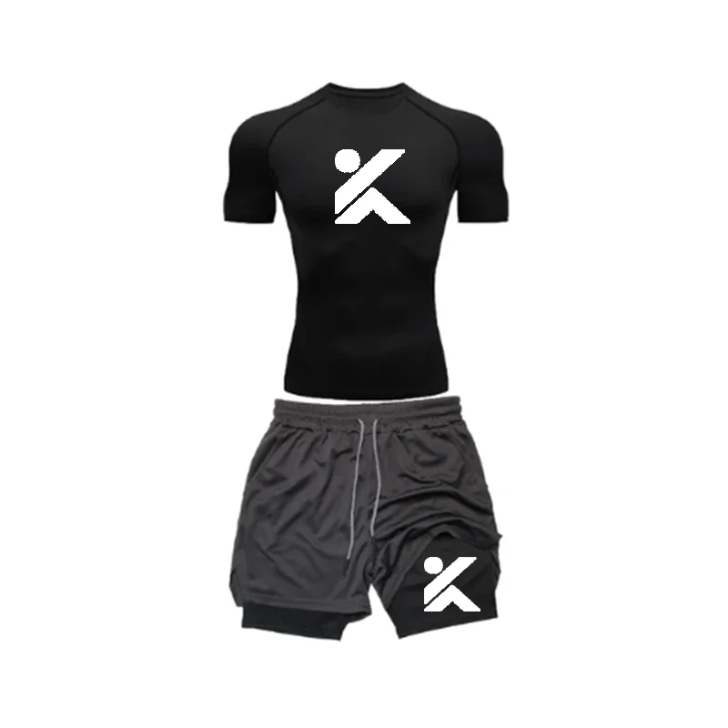 Atasan Olahraga Kasual Gym Gambar Cetak Huruf K Baru Setelan Pria Ketat Olahraga Desain Fashion Cepat Kering Leher Bulat