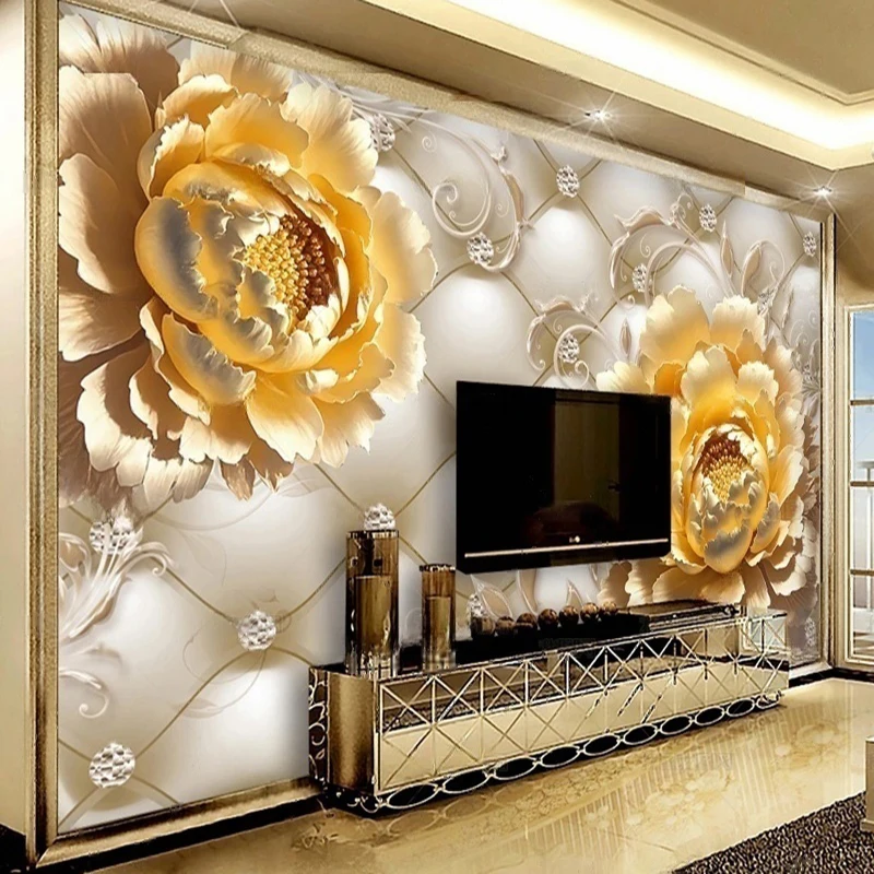MU8774 European-style 3D soft-padded diamond jewelry golden peony luxurious background wall Paper