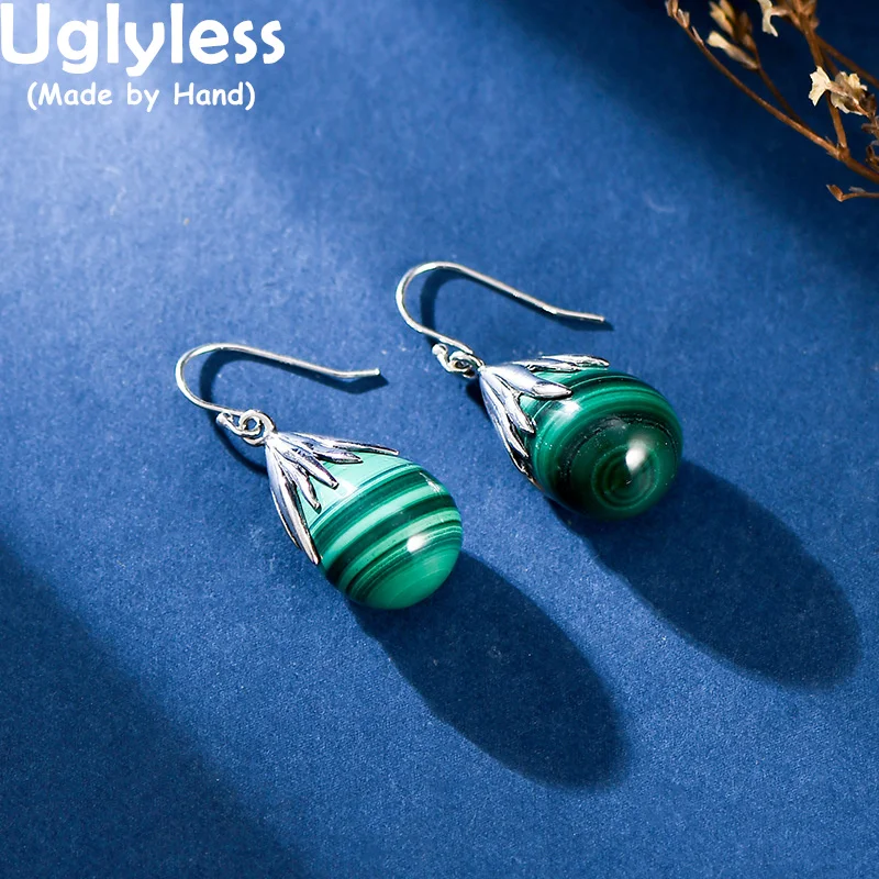 Uglyless Minimalism Blank Gemstones Earrings for Women Natural Malachite Dangle Earrings Simple Fashion 925 Silver Brincos Retro