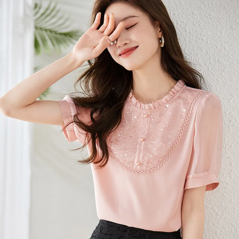 Elegant Solid Color Summer Loose Blouse Women Short Sleeve Fungus Side O-collar Pearl Button Decoration Pullover Shirt 2023