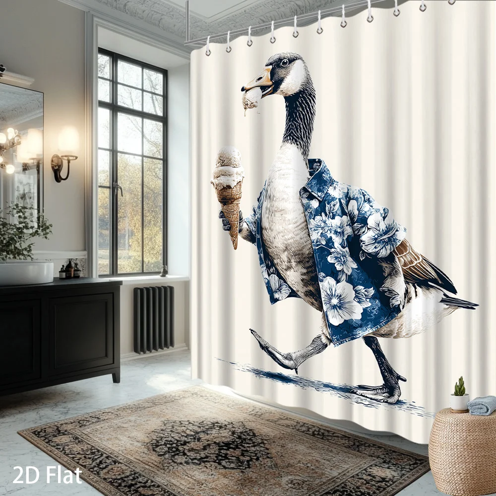 

Занавеска для душа с изображением гуся и мороженого – причудливая гусыня в сине-цветочном пальто, держащая рожок мороженого, водонепроницаемый полиэстер