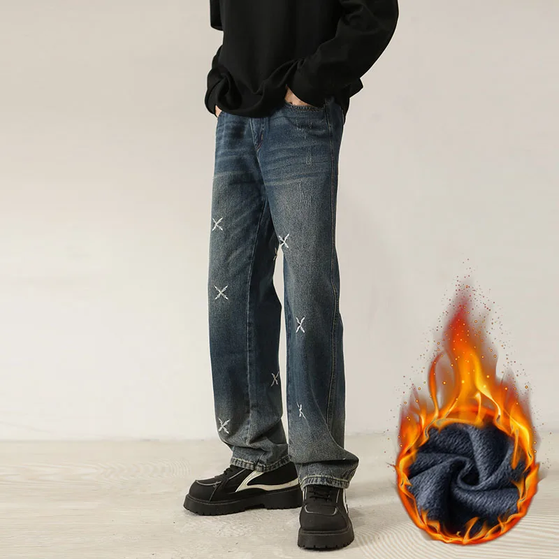 Winterfleece vintage herenjeans gewassen zwart blauw geborduurde dikke broek losse Amerikaanse retro rechte pijpen trend denim broek