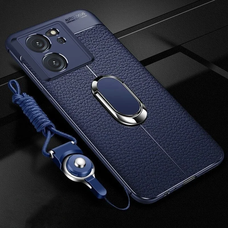 For Xiaomi Mi 13T Case Litchi Leather Texture Shockproof Ring Holder Back Cases For Xiaomi 13TPro 14T Silicone Cover Lanyard