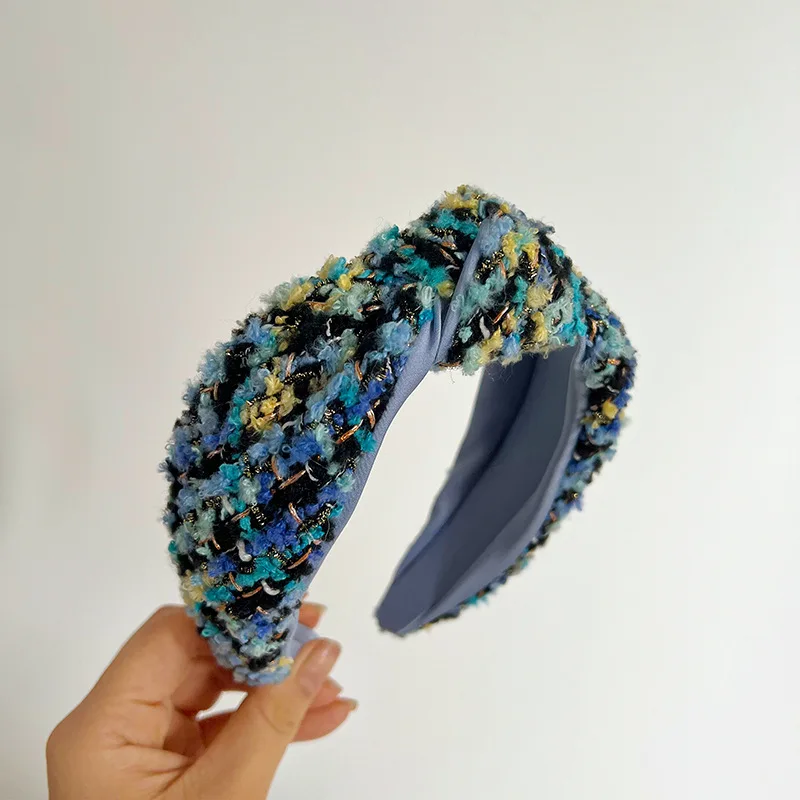 Women Girls Blue Woolen Plaid Knot Hairband Headband Adult Hair Accessories Hair Jewley