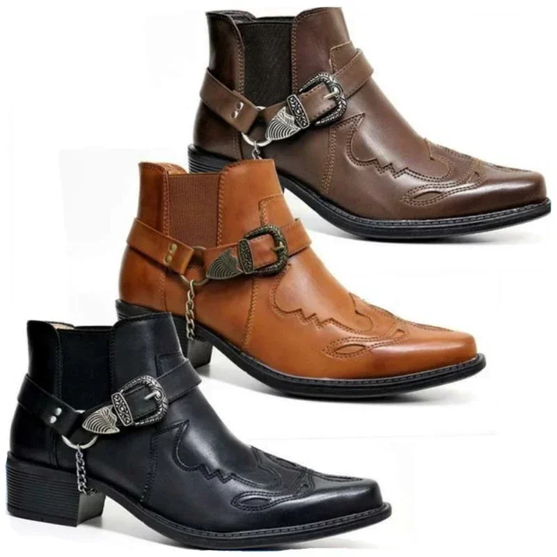 2025 new MEN'S vintage western cowboy boots leather high top chain buckle strap punk shoes pointed toe motorcycle boots