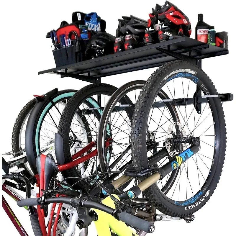 5 Bike Essential Garage Rack, Wall Mount Bicycle Storage, Adjustable Hanger System (5 Bike Rack + Shelf)