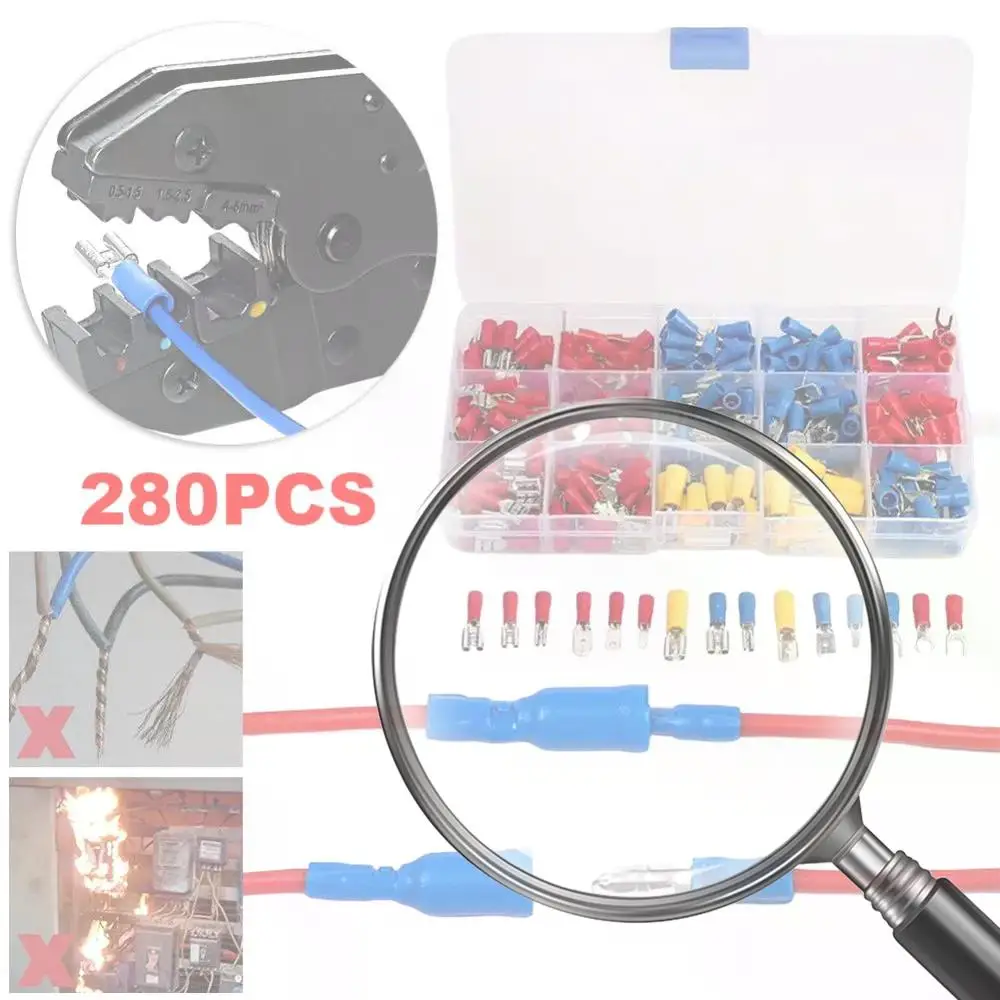 

280 шт., набор обжимных кольцевых вилок для электрических проводов, различные женские и мужские обжимные лопаточные клеммы, комплект лопаточных стыковых разъемов