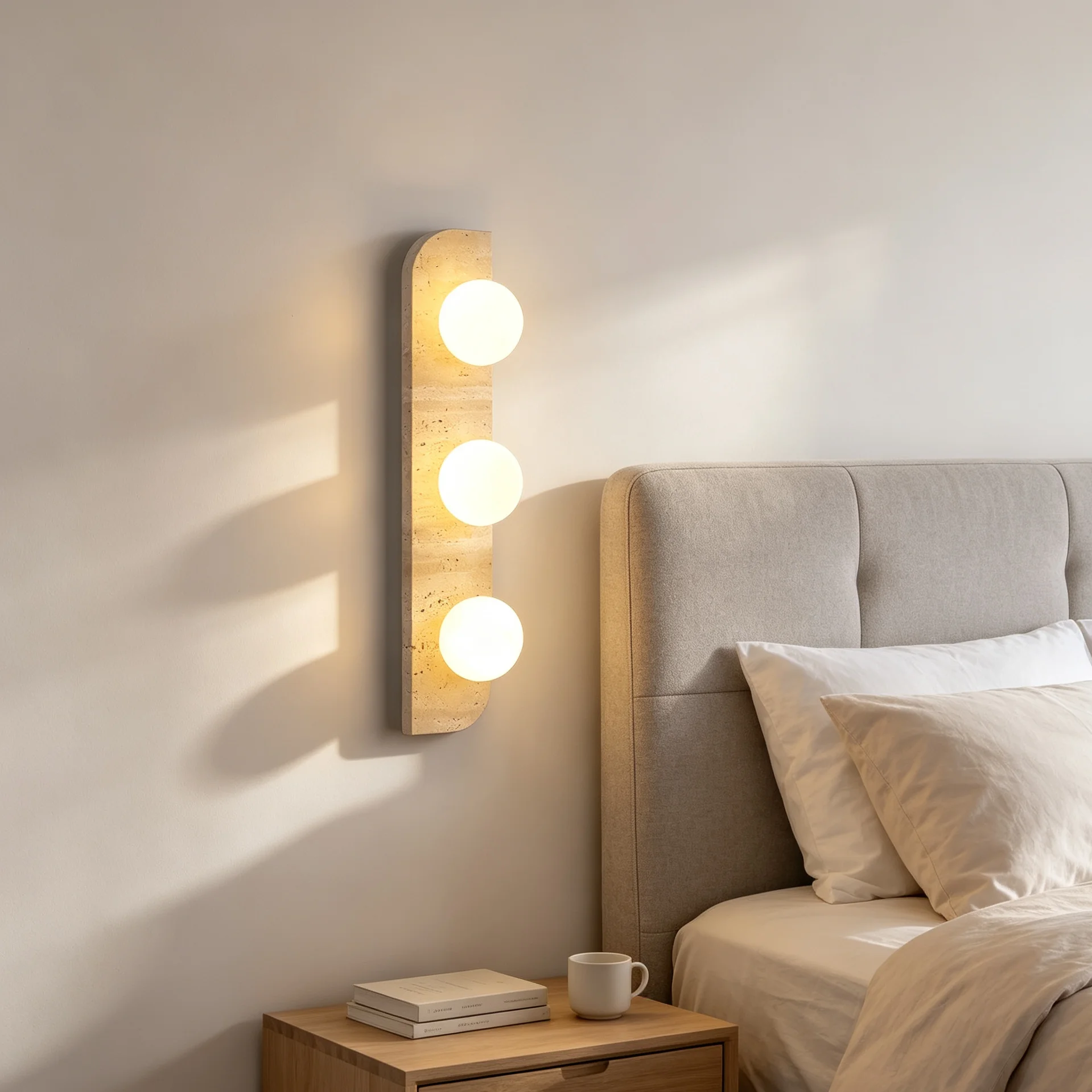 Retro Three Heads Natural Stone Art Wall Lamp Yellow Travertine LED Sconce White Glass Lampshade Atmosphere Corridor Lighting