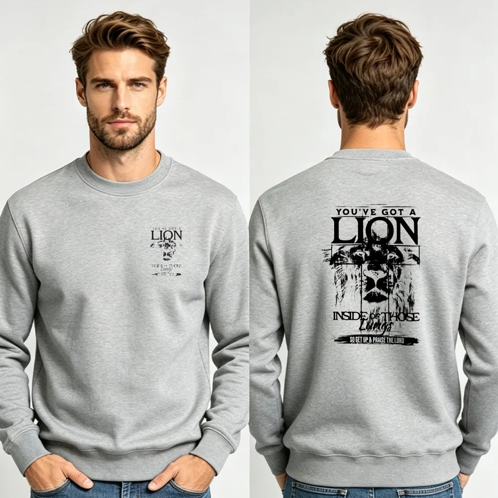 Men Double Sided Crewneck Sweatshirt You've Got A Lion Inside of You Distressed Lion Graphic Christian Faith Pullover Sweat Tops