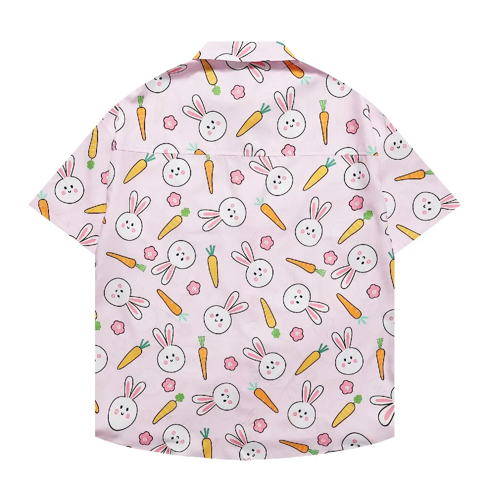 Cute Pink Rabbit & Carrot Hawaiian Beach Shirts Harajuku Men Women's Shirt Blouse Streetwear Summer Aloha Button Tops Oversized