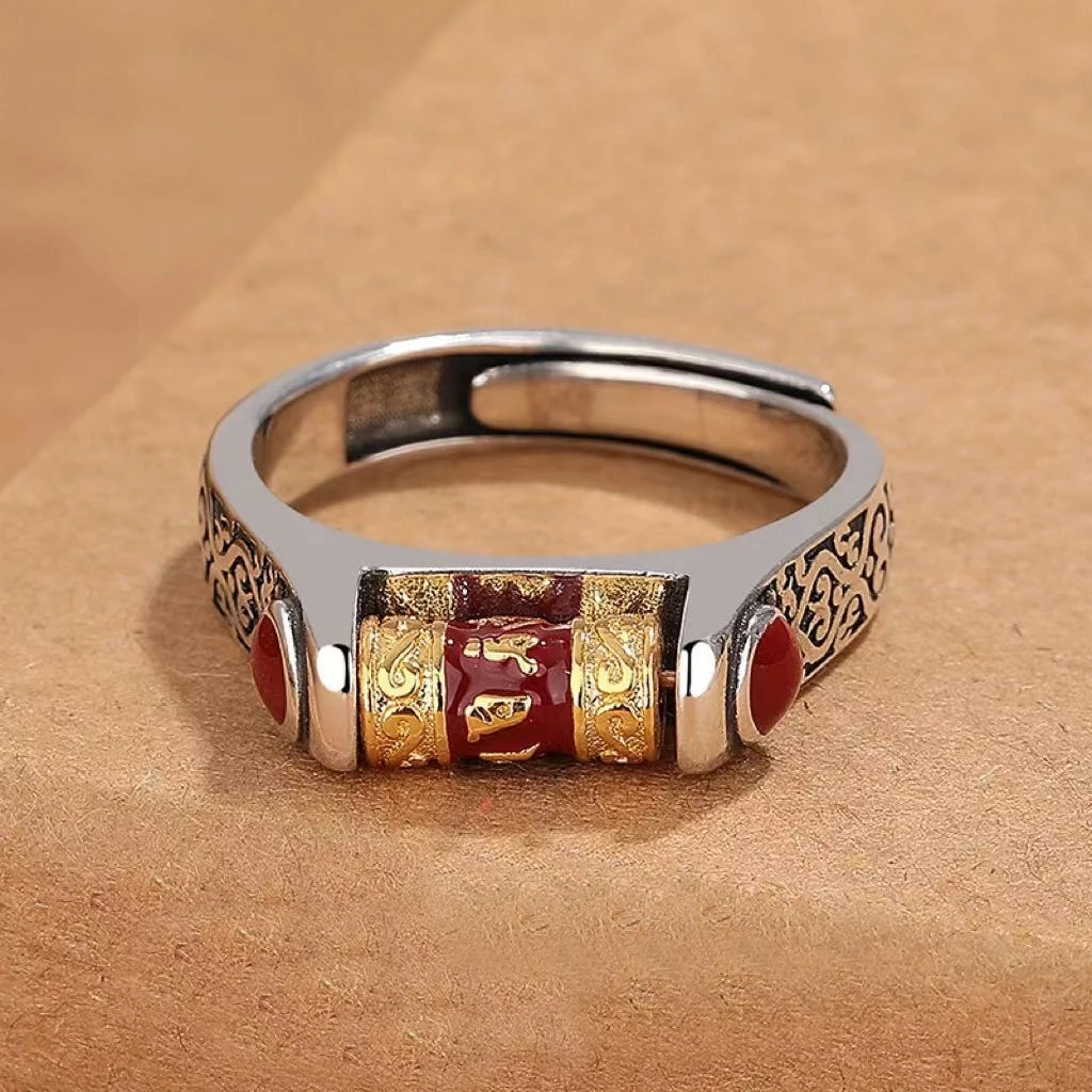 Color Enamel the Six Character Great Bright Mantra Ring For Men Jewelry Vintage Heart Sutra Rotating Ring S925 Male Accessories