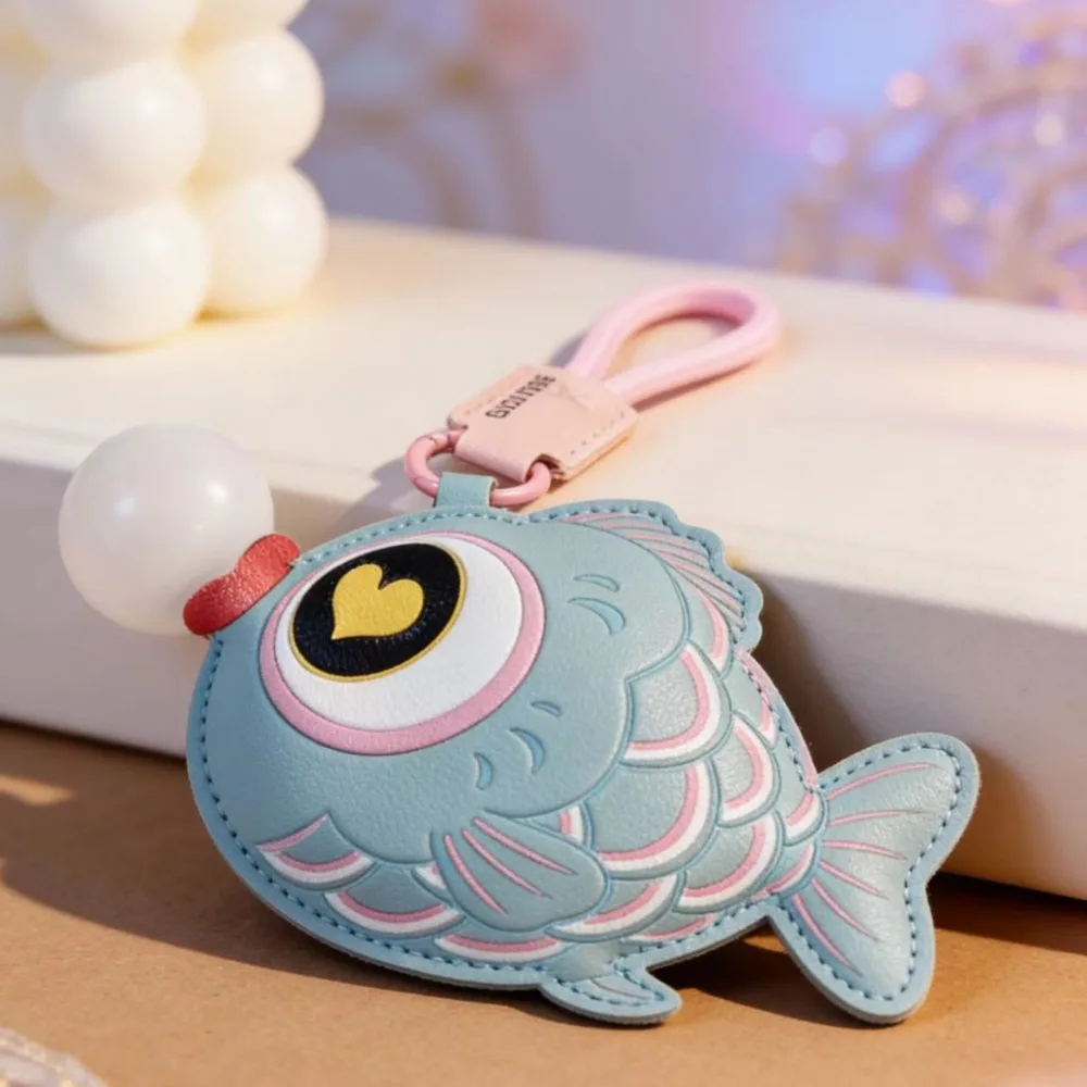 Cute Pinch Squeeze Bubble Blowing Fish Keychain Stress Relief Car Key Keyring Bag Pendant PU Leather Backpack Charm Accessories