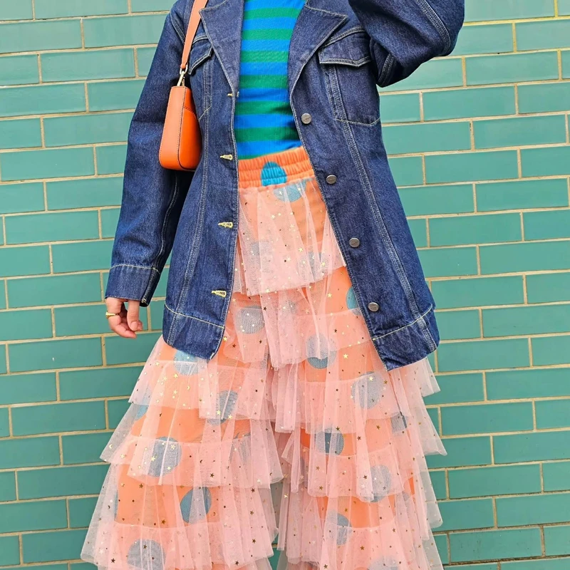 بنطلون نسائي من Combhasaki مزين بالترتر اللامع من التول والكشكشة بطبقات من الدانتيل وطباعة نقطة Y2k بنطال مرن عالي الخصر متدرج فضفاض واسع الساق #3