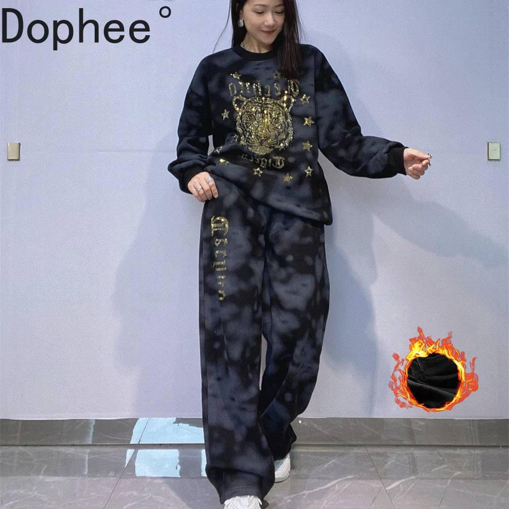 

Thicken Fleece Hoodie Set New Autumn Winter Trendy Tiger Hot Diamonds Pullover O-neck Sweater Top + Elastic Waist Straight Pants