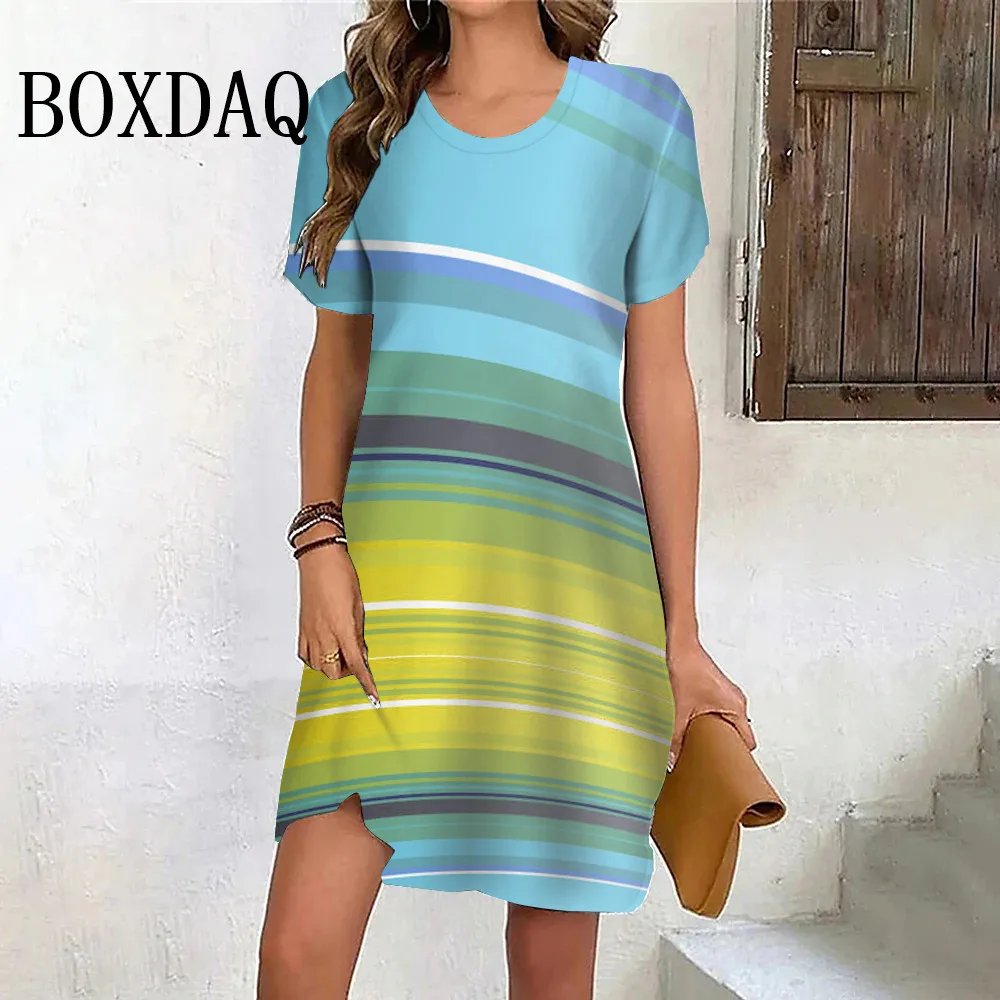 Summer Casual Sweet Gradient Striped Dress Women Fashion Street Short Sleeve A-Line Dress Ladies Loose Party Mini Dresses 2024