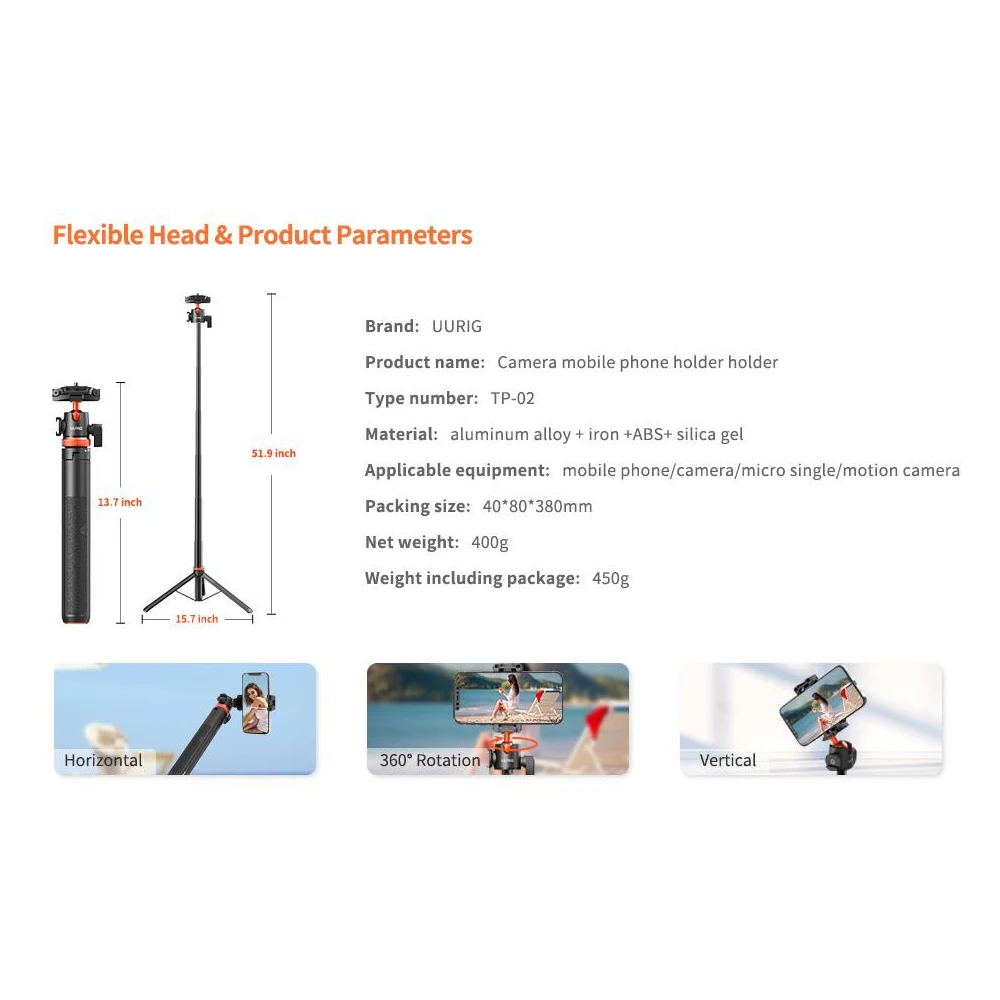 UURIG Extendable Tripod Selfie Stick Phone Vlog Tripod Stand for iPhone Samsung HUAWEI Sony Canon Nikon GoPro Action Cameras