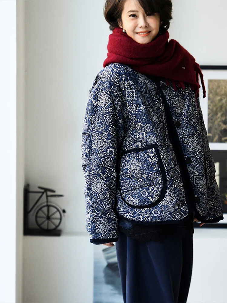 

Milan Declaration F520 Artistic Ethnic Blue And White Porcelain Stitched Loose Double-Sided Wear Cotton Jaet Women Winter