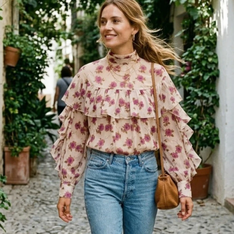 

Элегантная блузка с рюшами для женщин, повседневная свободная шифоновая блузка с цветочным принтом, винтажная рубашка с длинным рукавом, весенние женские топы