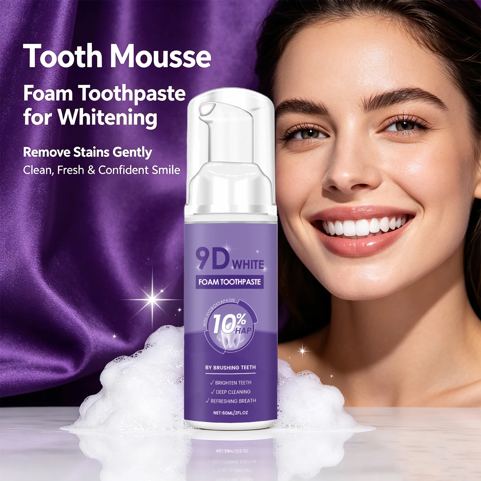 9D White Foam Toothpaste Mousse for Stain Removal Teeth Cleaning Brighten Teeth & Fresh Breath Portable Oral Hygiene Product