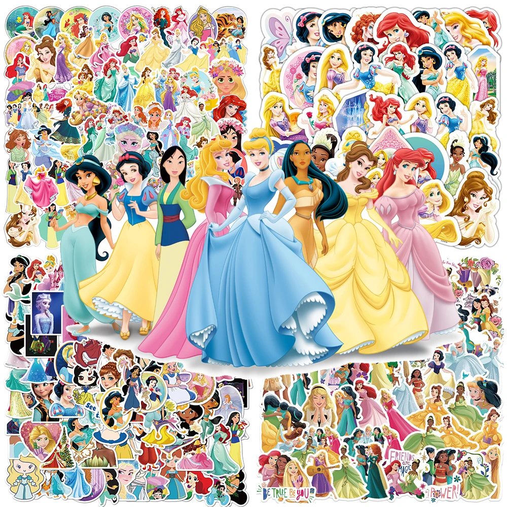 50/100 Uds. De pegatinas Kawaii mixtas de princesas de Anime de Disney, pegatinas bonitas de Ariel Belle Blancanieves, pegatinas de dibujos animados para ordenador portátil, teléfono, equipaje, juguete