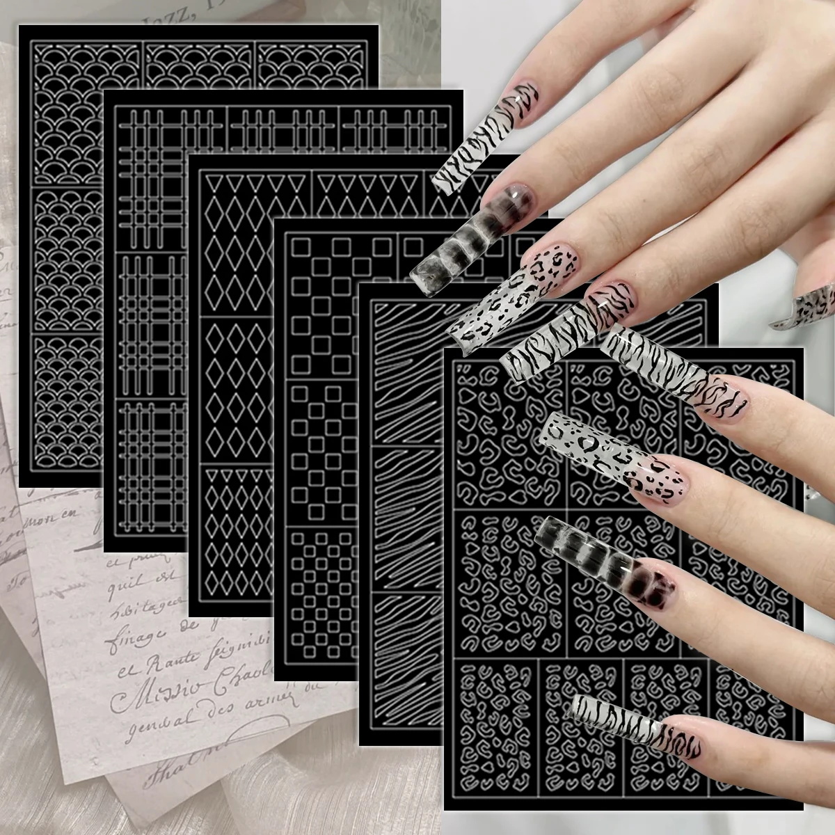 Nail Art Zebra Design - 3 bis 30 Blatt Schwarze Linien