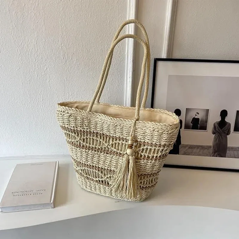 

Straw Woven Bag Beach Bag Women's Hand Woven Shoulder Bag Large Capacity Paper Rope Bag with Tassel Shoulder Bag Woven Handbag