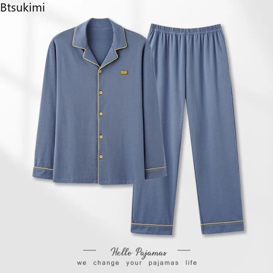 Men's 100% Cotton Long Sleeve Sleepwear Casual Home Clothes Spring and Autumn Leisure Open Cardigan Two-Piece Set Outdoor Wear