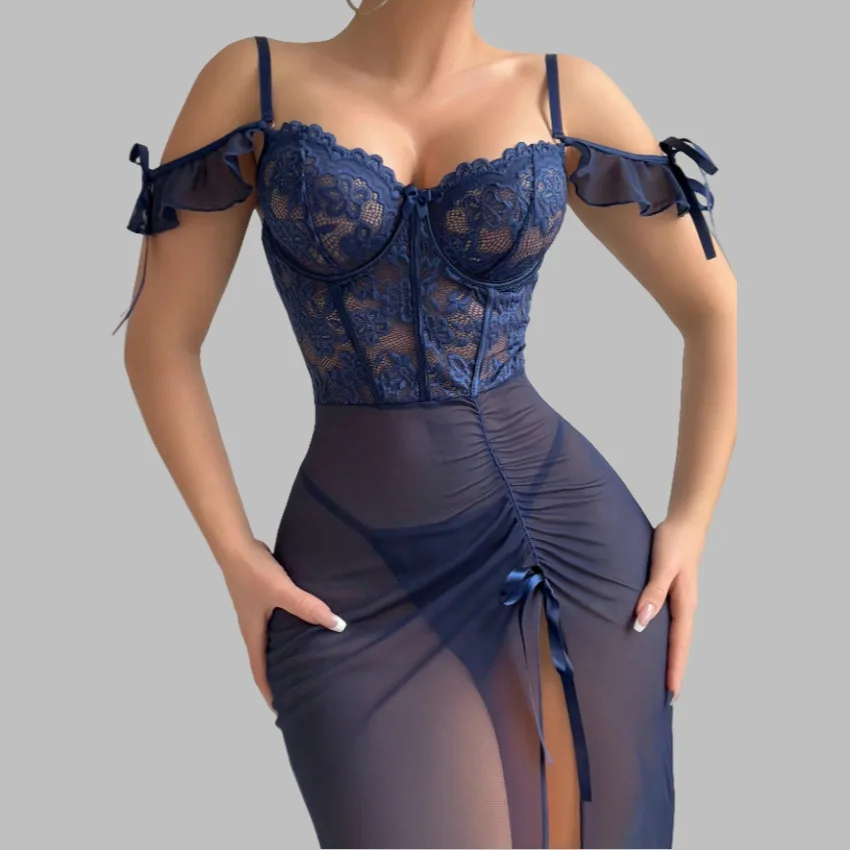 

Women Sexy Lingerie Nightgown Boat Neck Lace Patchwork Split Mesh Transparent Dress Nightdress Female Casual Sleepwear Homewear