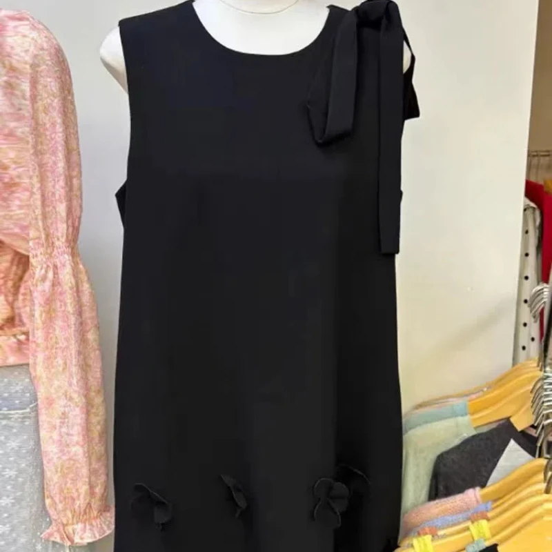 Primavera autunno moda O collo abbigliamento donna estetica senza maniche tutto abbinato nodo fiocco vestiti femminili abiti solidi in stile coreano