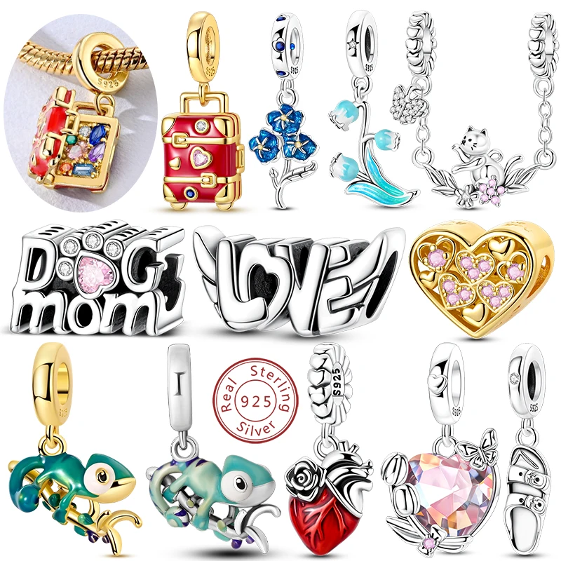 Neuer 925er Sterlingsilber-Charm, Herz, Tulpe, Katze, Chamäleon, Herz, LIEBE, Perlen-Charm, passend für Original-Armreif, Anhänger, Damenschmuck